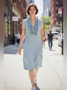Made in Italy  Distressed Look Blue Balloon Triple Ruffle Top Dress S/M EUC
